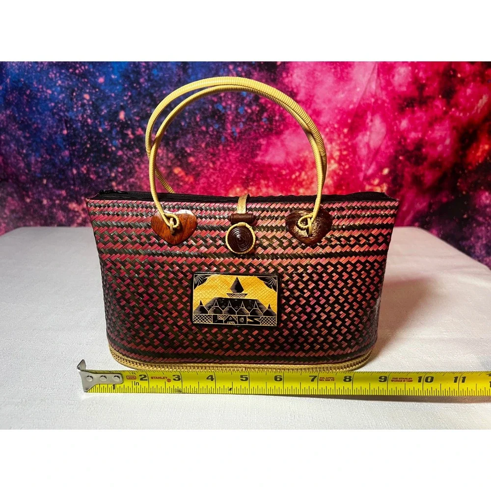 Vintage Laos Handwoven Straw Handbag Pink Black Woven Souvenir Tote Bag